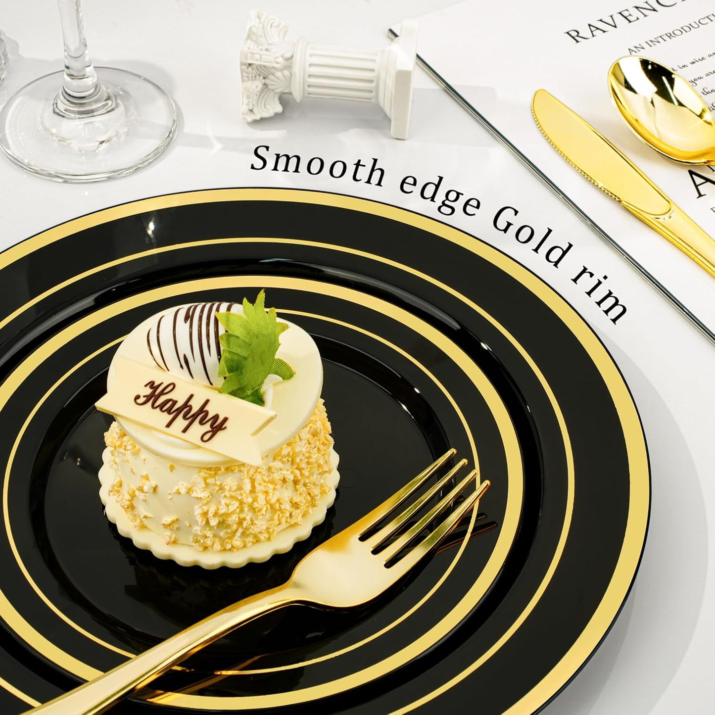 BESTVIP 350PCS Gold Plastic Dinnerware Set, Disposable Party Plates for 50 Guests, Include: 100 Plastic Plates, 50 Pre Rolled Napkins with Gold Silverware, 50 Cups