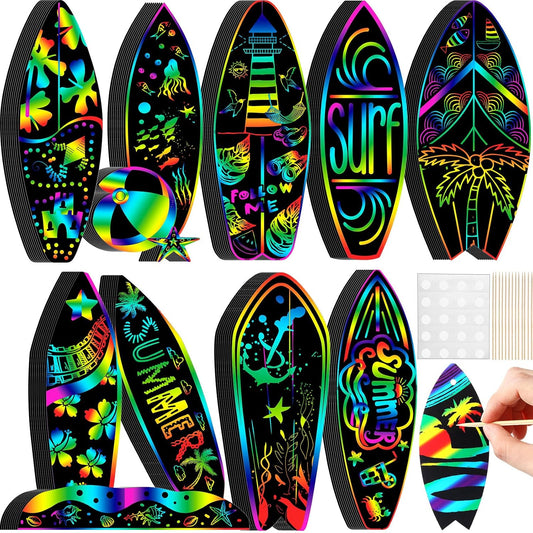 Motionchic 80 Pieces Summer Surfboard Scratch Cards Rainbow Surfing Themed Paper Crafts for Kids Tree Ornament with Wooden Stick and Ribbon for Birthday Party Supplies