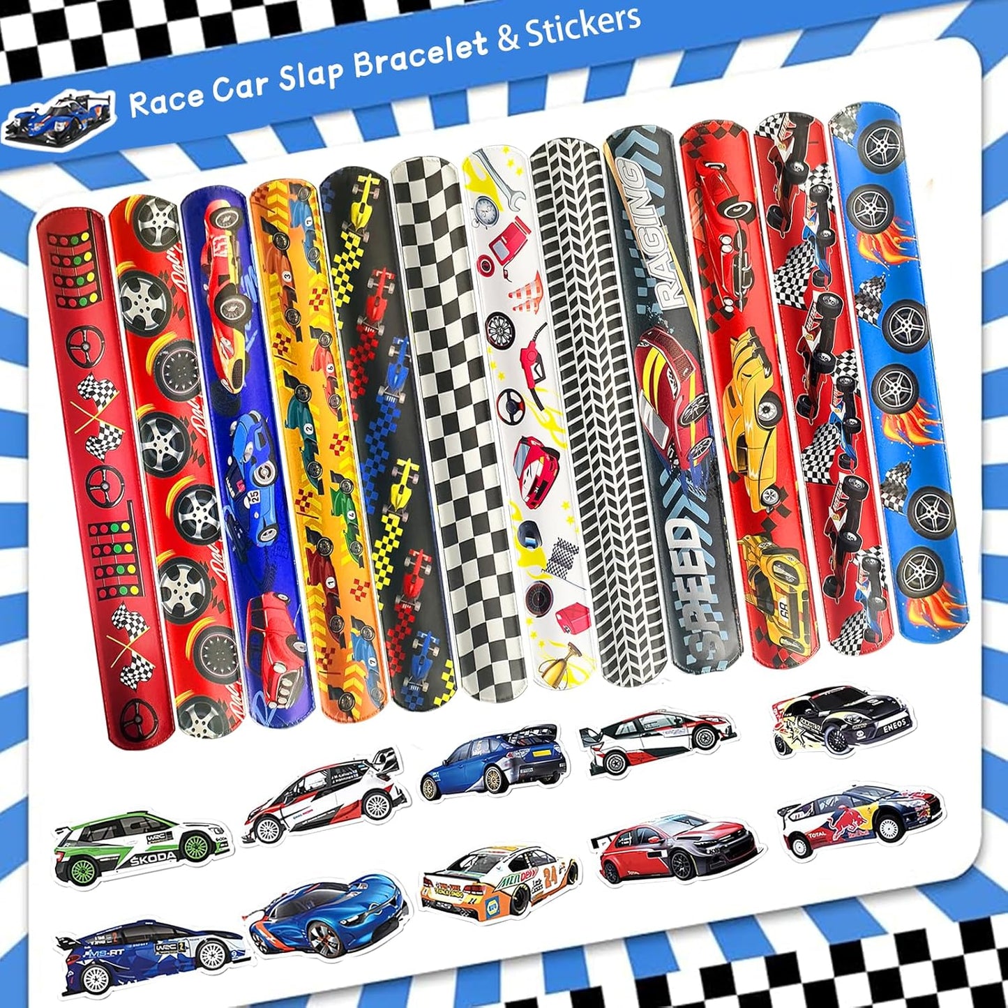 CZWXOXO 74 Pcs Racing Theme Party Favors 24 Pcs Slap Bracelets 50 Pcs Stickers Racing Birthday Party Decorations，Classroom Rewards Supplies