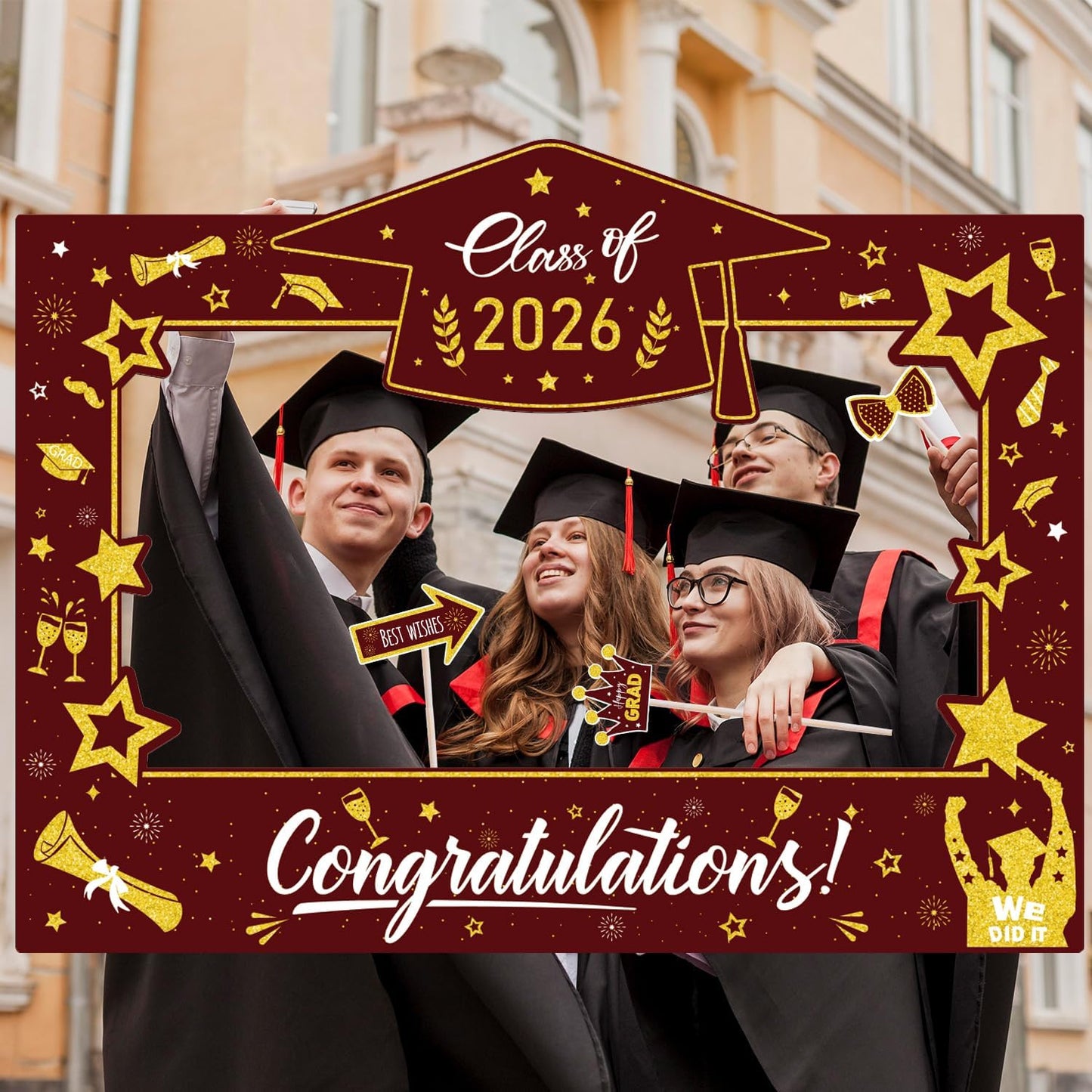 Graduation Decorations Class of 2026 Photo Booth Props - Blue and Gold 2026 Graduation Frame & Photo Props Congrats Grad Class of 2026 Decor for Graduation Party Supplies