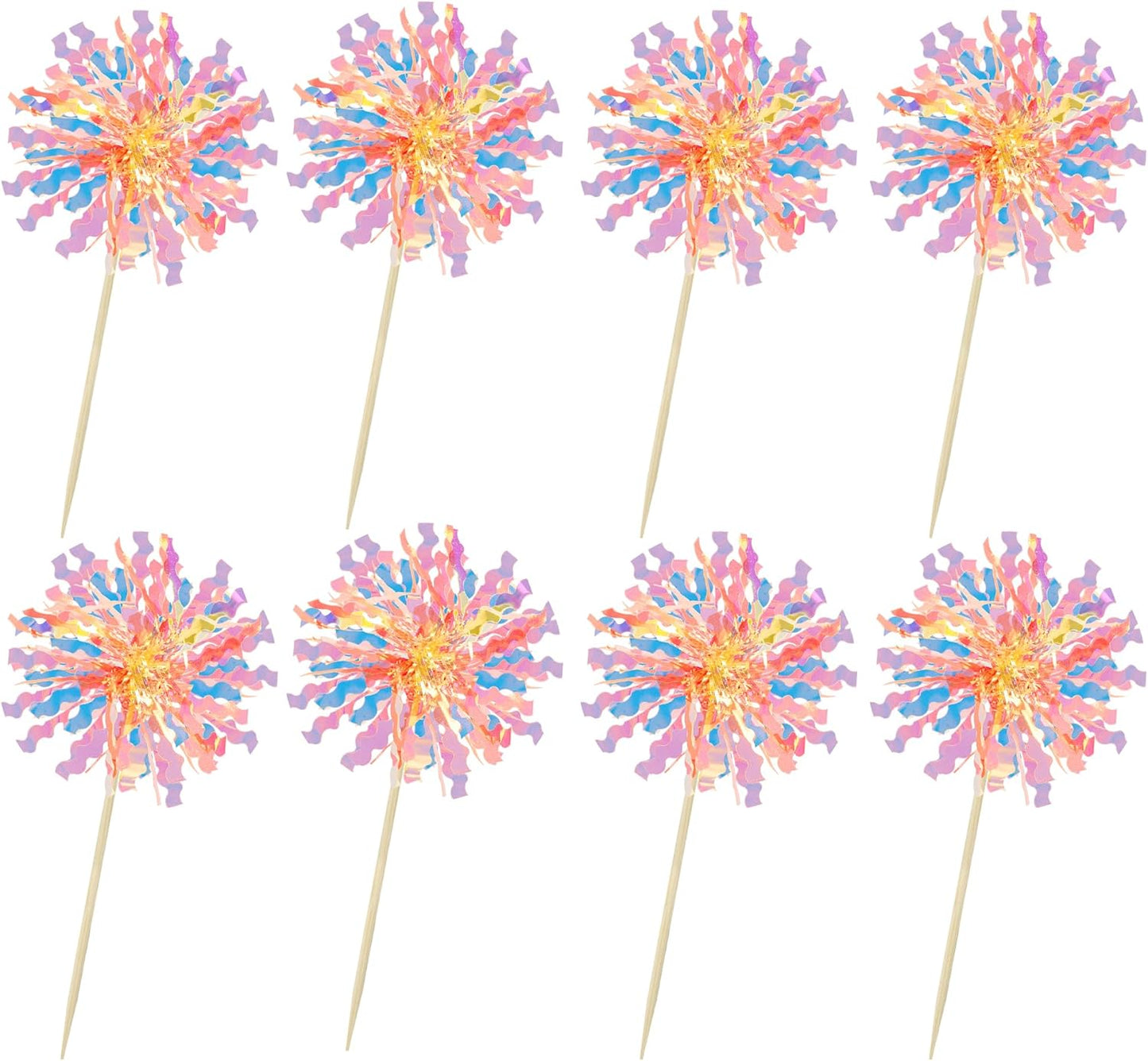 Ephlyn 30Pcs Foil Firework Cupcake Toppers Sparkle Tinsel Cupcake Picks Drink Stirrers Cocktail Food Fruit Toothpicks for Baby Shower Graduation Party Supplies White