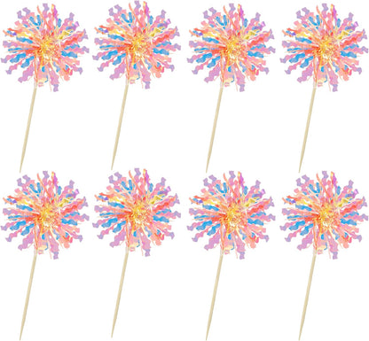 Ephlyn 30Pcs Foil Firework Cupcake Toppers Sparkle Tinsel Cupcake Picks Drink Stirrers Cocktail Food Fruit Toothpicks for Baby Shower Graduation Party Supplies White