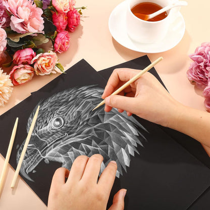 Gersoniel 60 Pieces Scratch Paper Craft Art Set Adults Scratchboard Kits 7.2 x 5 Inch Black Scratch Off Paper Scratchboard Pad Art Supplies with Wooden Stylus for DIY Birthday Party Gift Supplies
