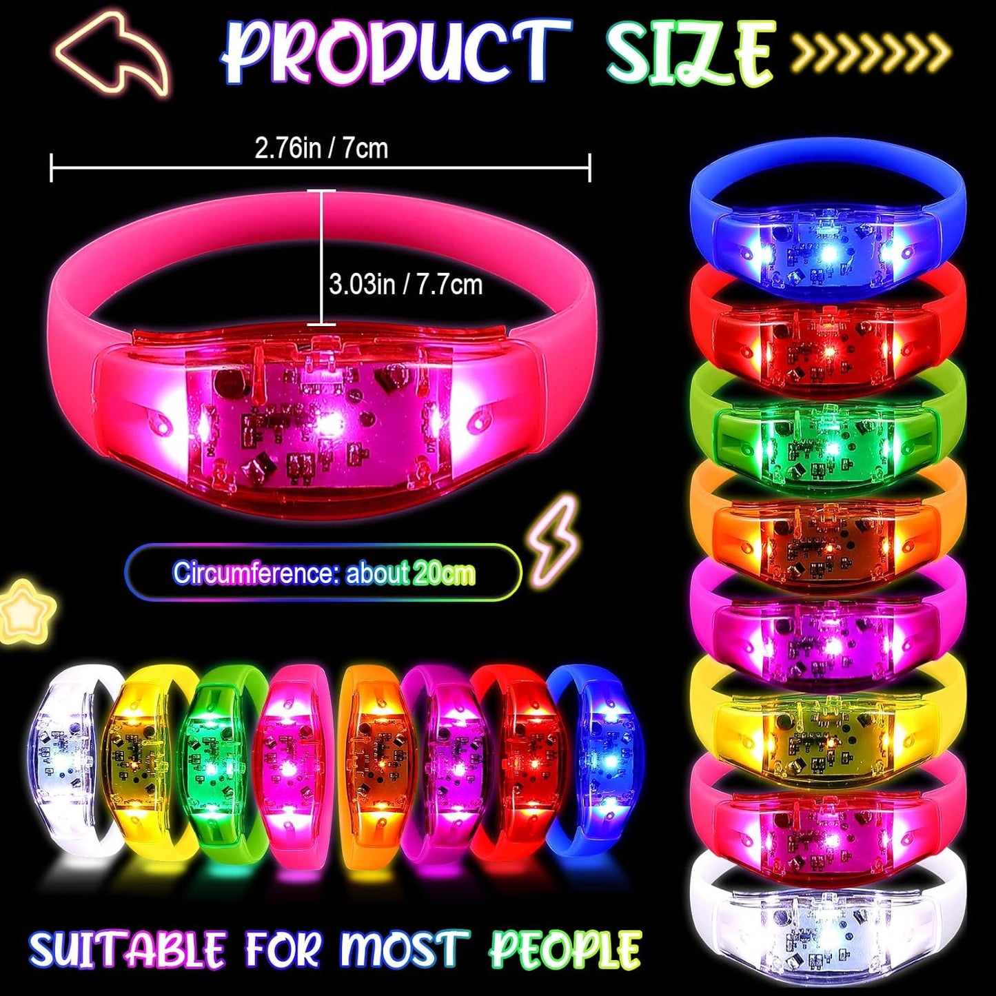 JellyArch 16 Pcs LED Glow Bracelets, Sound Activated LED Bracelets, Music Control Glow in The Dark Party Favors for Wedding, Raves, Concert, Camping, sporting Events, Party (Radiant Colors)
