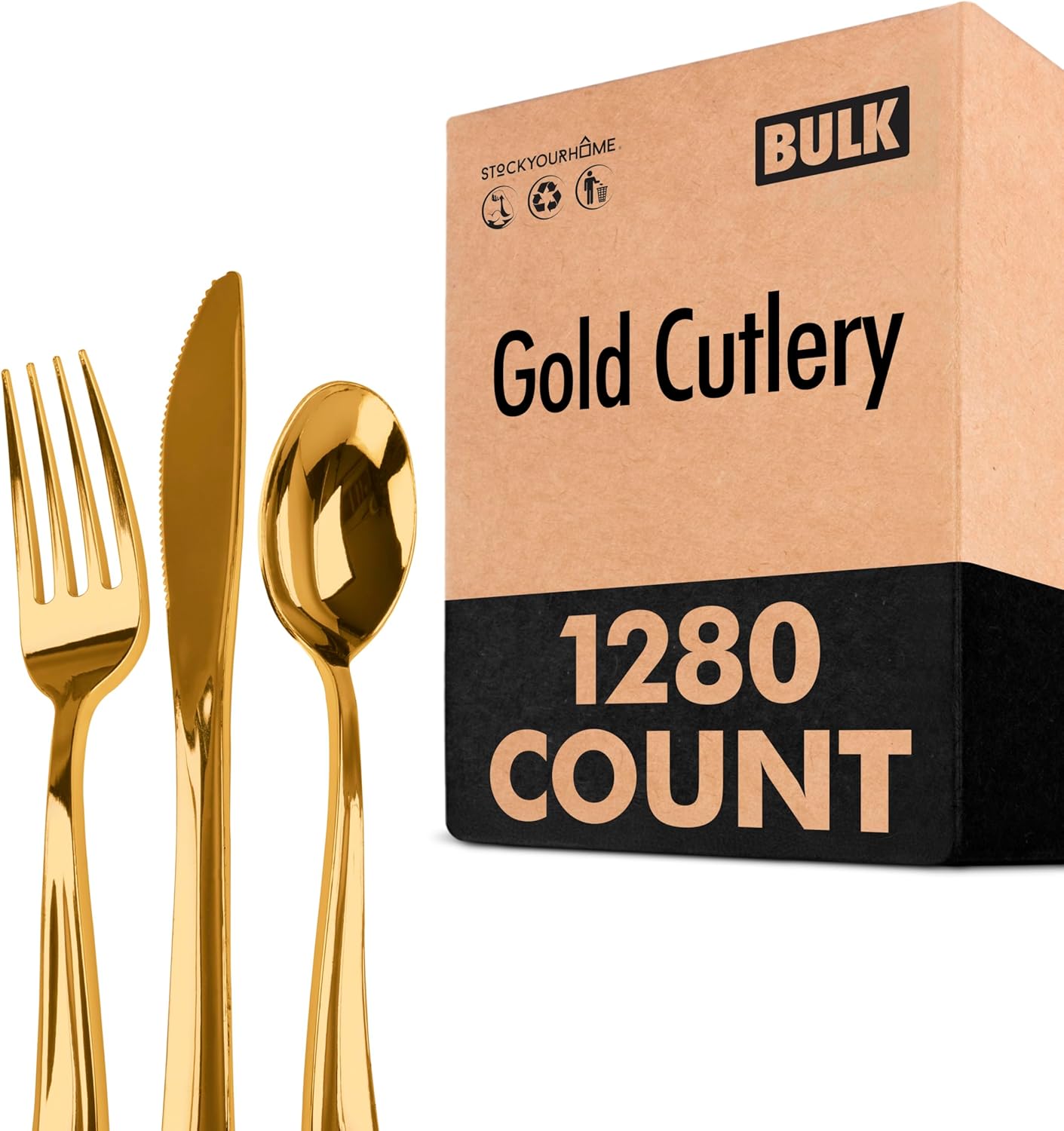 Gold Plastic Silverware Set (160 Bulk Pack) Disposable Cutlery Utensils, 80 Gold Forks, 40 Gold Knives, 40 Gold Spoons, Heavy Duty Flatware For Holidays, Parties, Dinners, Weddings, and Occasions