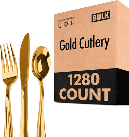 Gold Plastic Silverware Set (160 Bulk Pack) Disposable Cutlery Utensils, 80 Gold Forks, 40 Gold Knives, 40 Gold Spoons, Heavy Duty Flatware For Holidays, Parties, Dinners, Weddings, and Occasions