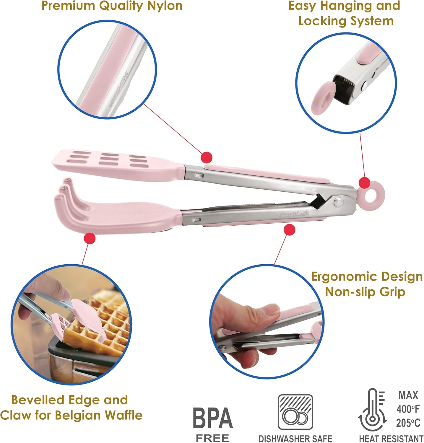 Mini Waffle Tongs by StarBlue Green – 8 Inches Silicone and Nylon Serving Tongs with Non-Slip Smooth Handles, Non-Scratch and Dishwasher Safe, Multipurpose Spatula for Belgian Waffle Serving