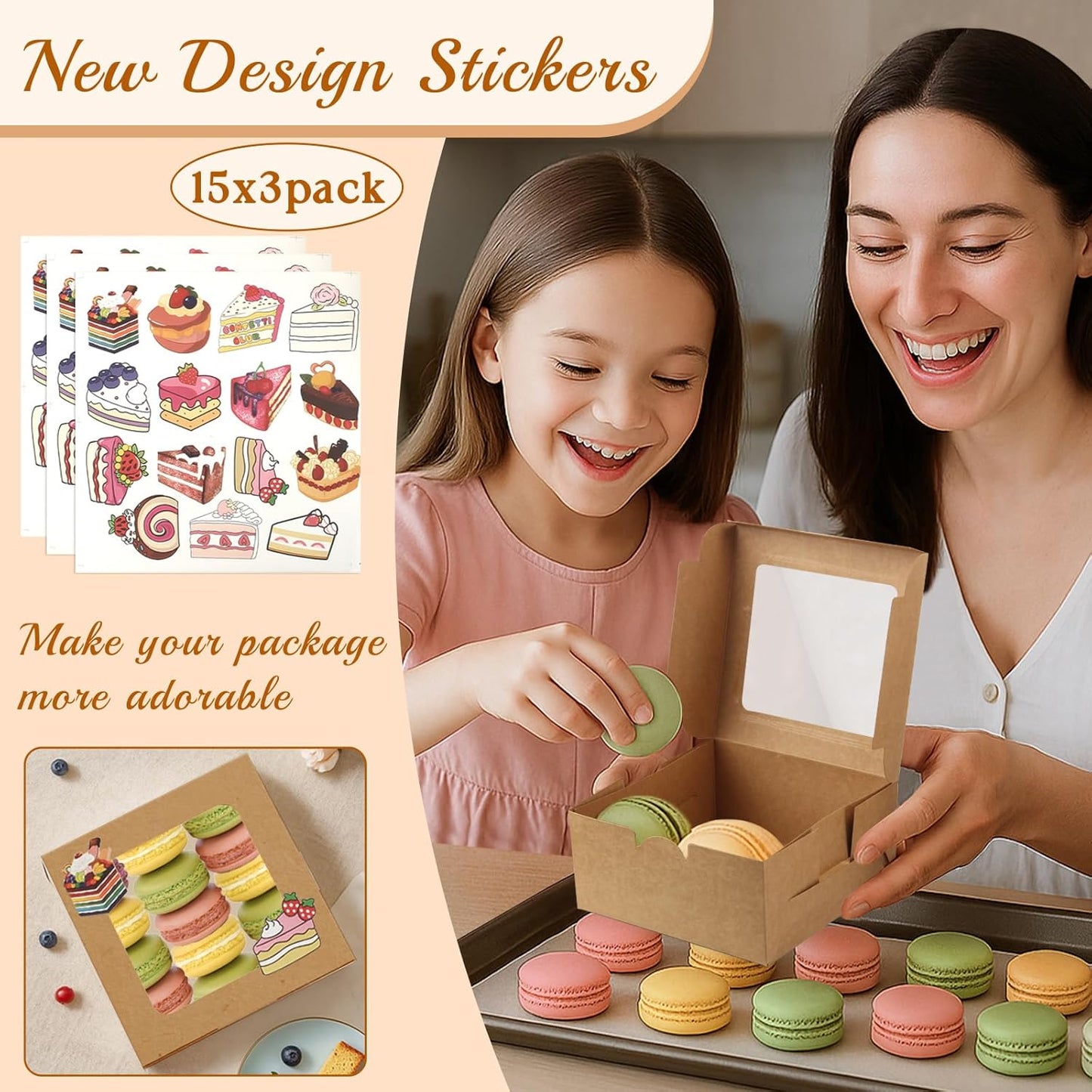 OAMCEG 50 PCS Cupcake Boxes with Window, 6x6x3 Inch Cookie Boxes, Bakery Treat Boxes for Pastry, Dessert, Chocolate Strawberries, Cupcake Containers, Gift Giving with Stickers & Twine （Brown）