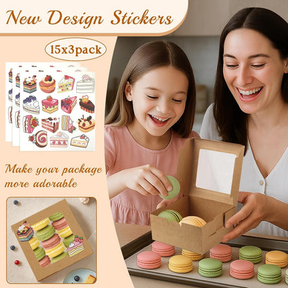 OAMCEG 50 PCS Cupcake Boxes with Window, 6x6x3 Inch Cookie Boxes, Bakery Treat Boxes for Pastry, Dessert, Chocolate Strawberries, Cupcake Containers, Gift Giving with Stickers & Twine （Brown）