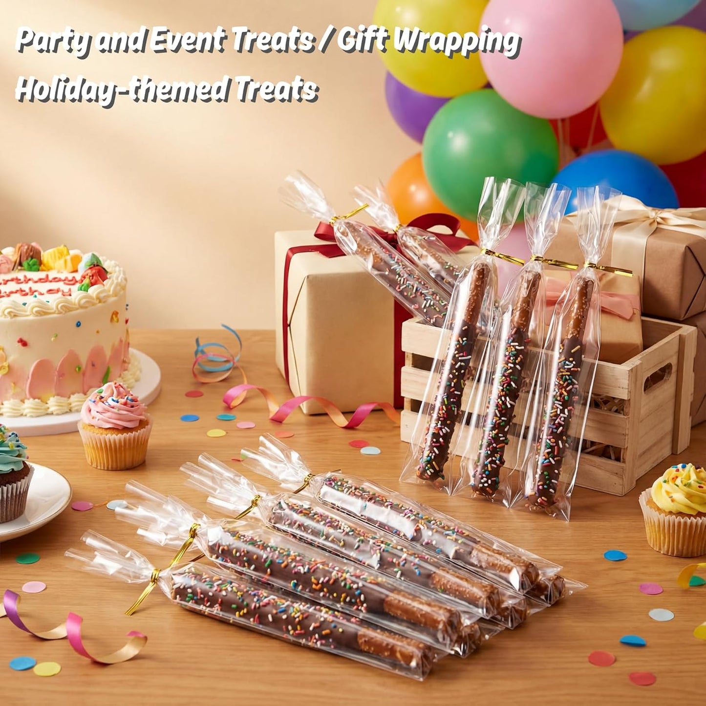 Wowfit 100 CT 6x10 Inch Clear Flat Cellophane Treat Bags with 6” Gold Twist Ties, Cello Packaging for Gift Wrapping, Decorations, and Food Storage