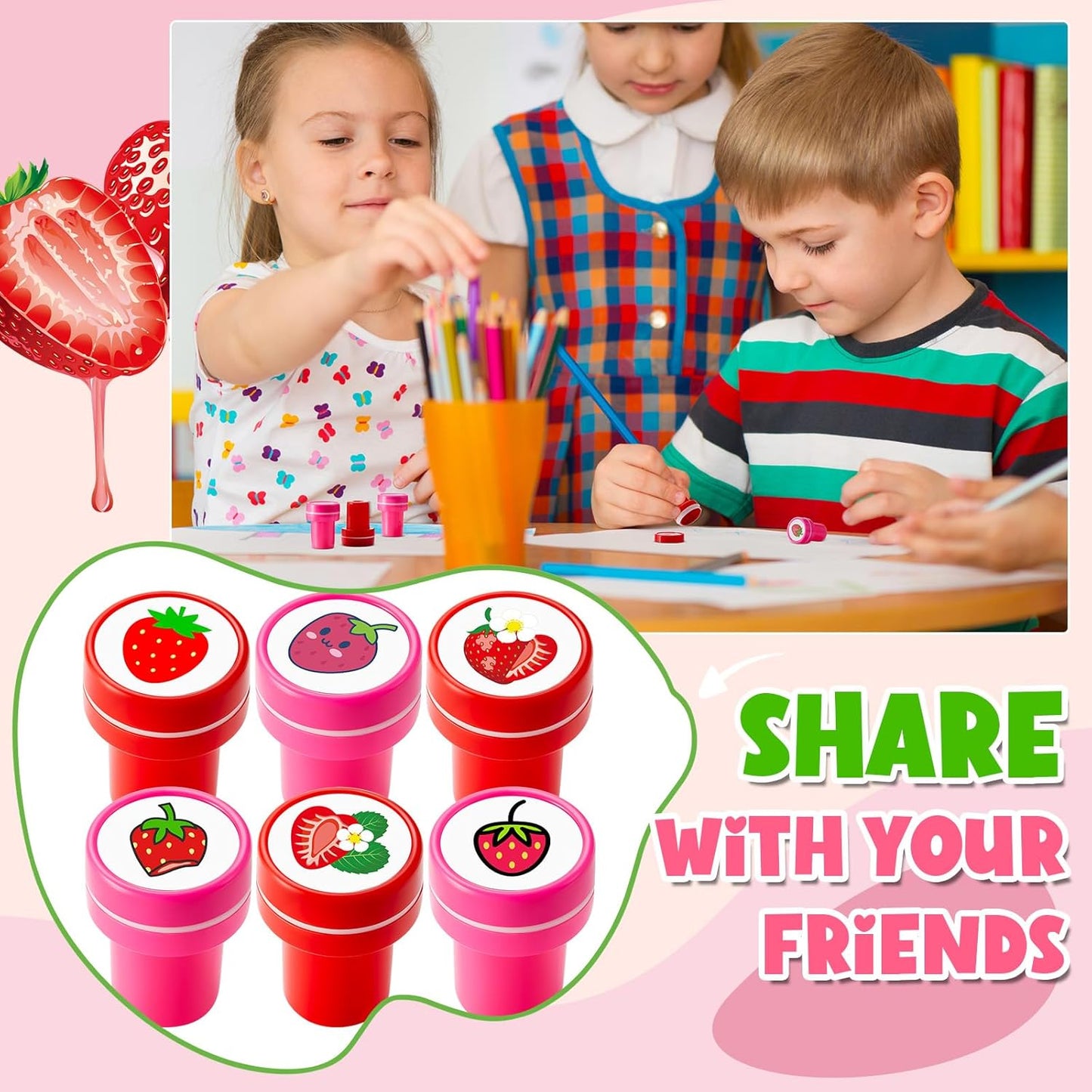 MotiMind 24 Pcs Strawberry 12 Designs Stampers Berry First Birthday Party Favors, Self-Inking Mini Stampers for Kids, School Rewards, Goodie Bag Fillers, Carnival Prizes, DIY Craft, Shortcake