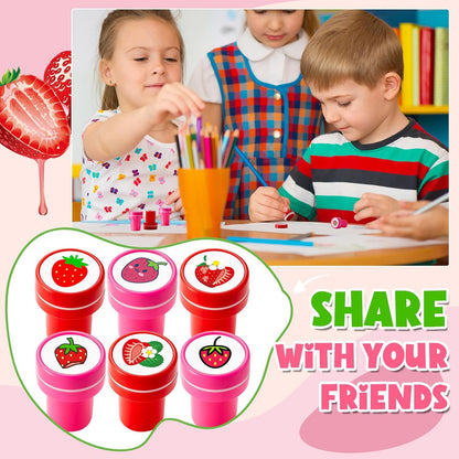 MotiMind 24 Pcs Strawberry 12 Designs Stampers Berry First Birthday Party Favors, Self-Inking Mini Stampers for Kids, School Rewards, Goodie Bag Fillers, Carnival Prizes, DIY Craft, Shortcake