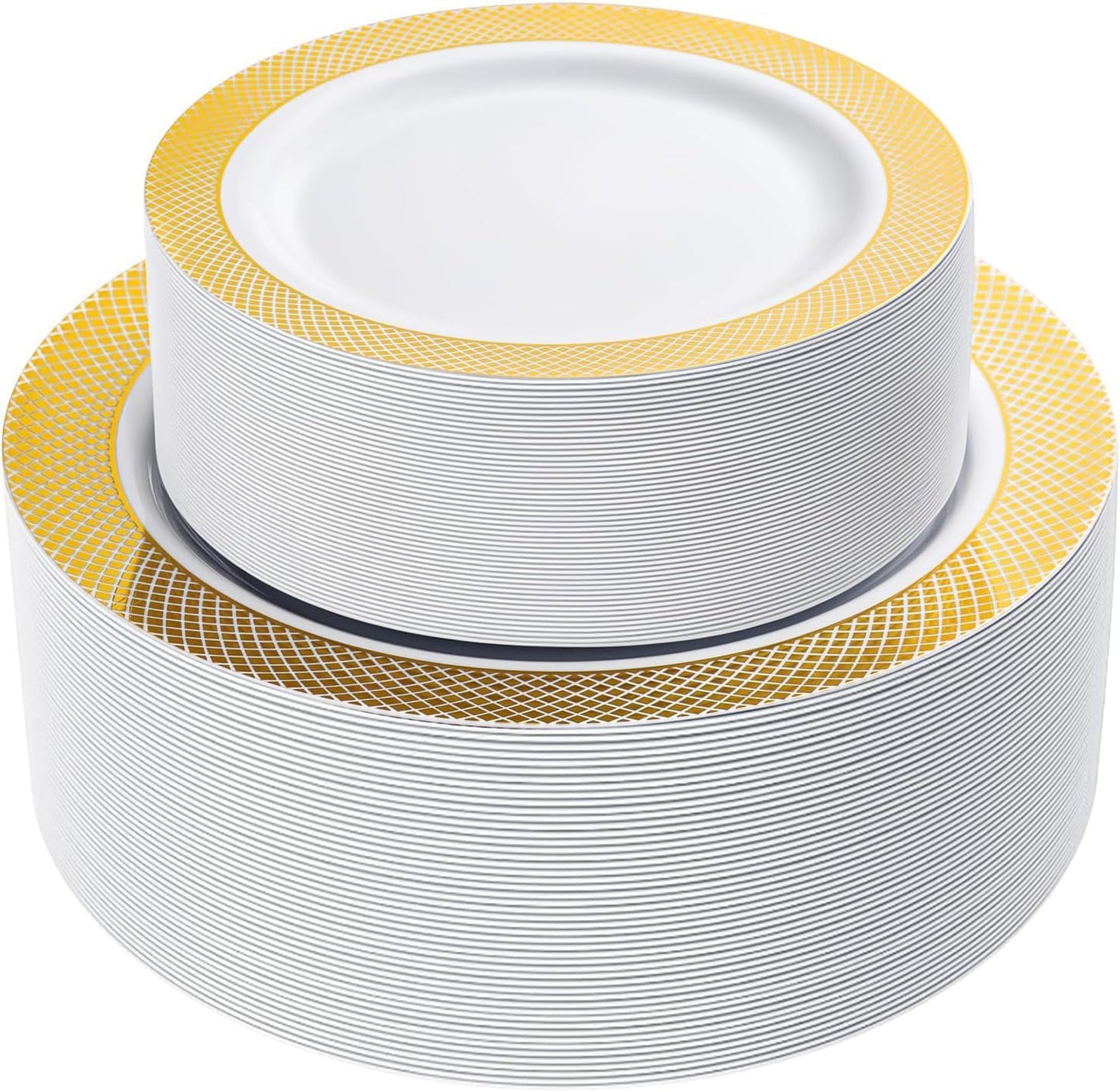 I00000 102 Pieces Gold Plastic Plates, Disposable Party Plates White Gold Rim, 51 Disposable Gold Dinner Plates 10.25 Inch and 51 Disposable Dessert Appetizer Elegant Fancy Wedding Plates 7.5 Inch