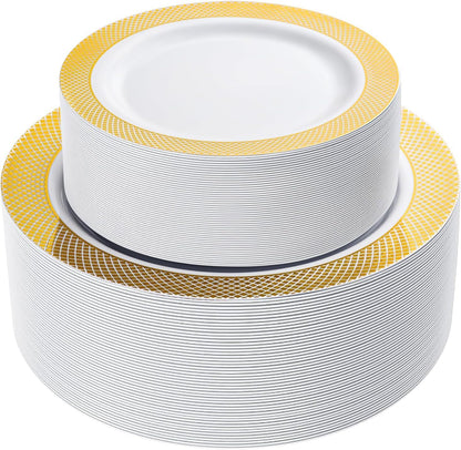 I00000 102 Pieces Gold Plastic Plates, Disposable Party Plates White Gold Rim, 51 Disposable Gold Dinner Plates 10.25 Inch and 51 Disposable Dessert Appetizer Elegant Fancy Wedding Plates 7.5 Inch