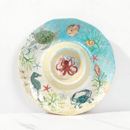 UPware Sea Life Melamine Chip and Dip Serving Tray, Round Serving Platter for Chips, Salsa, Fruit, and Snacks, Multicolor, 13.5 Inch