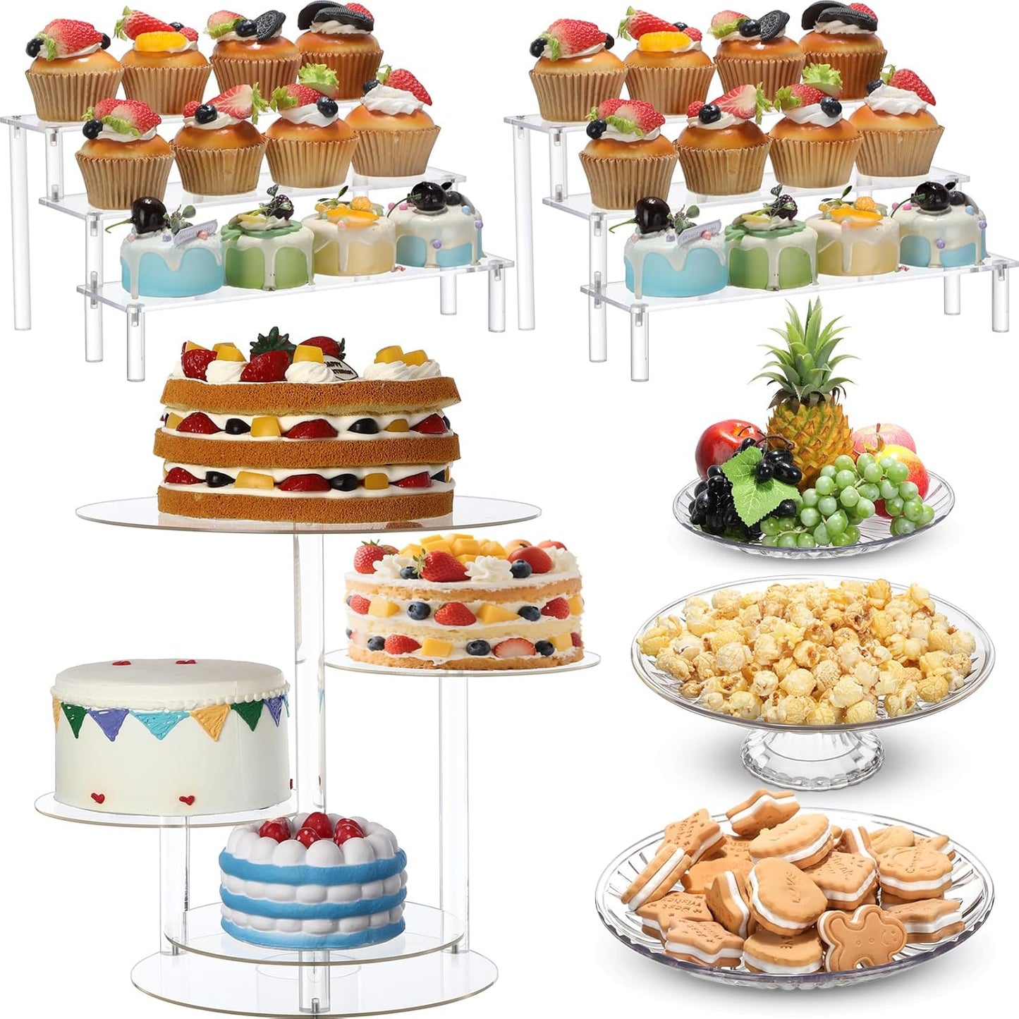 6 Pcs Acrylic Dessert Stands Set Include Display Risers Cupcake Tower and Clear Round Dessert Trays Cake Table Holder for Wedding Baby Shower Decoration(Classic Style)