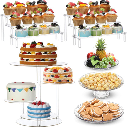 6 Pcs Acrylic Dessert Stands Set Include Display Risers Cupcake Tower and Clear Round Dessert Trays Cake Table Holder for Wedding Baby Shower Decoration(Classic Style)