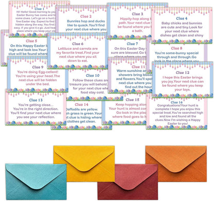 Rainfly Easter Scavenger Hunt, Indoor Clue Card Games, Bunny Treasure Hunt Clues Cards, Easter Party Games for Family Adults, Holiday Party Activities Supplies (16 Clues Cards With Envelopes) -A01