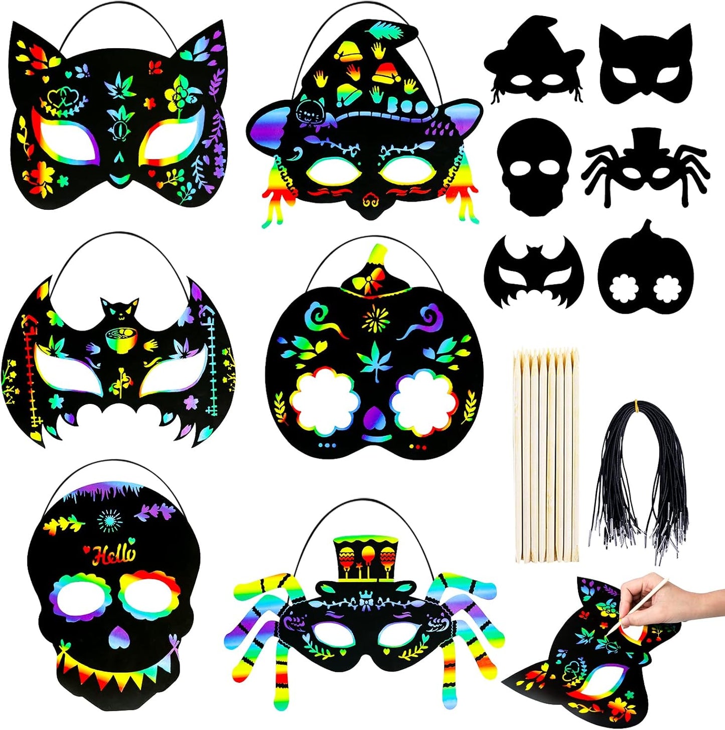 MGparty Halloween Crafts 42PCS Halloween Rainbow Scratch Mask Magic Scratch Paper Art for Kids Birthday Classroom Decoration Party Favors Gifts Party Games Projects Kits