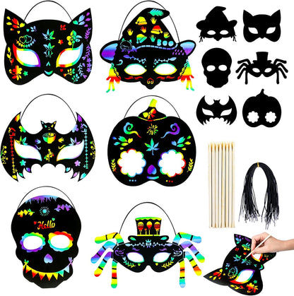 MGparty Halloween Crafts 42PCS Halloween Rainbow Scratch Mask Magic Scratch Paper Art for Kids Birthday Classroom Decoration Party Favors Gifts Party Games Projects Kits