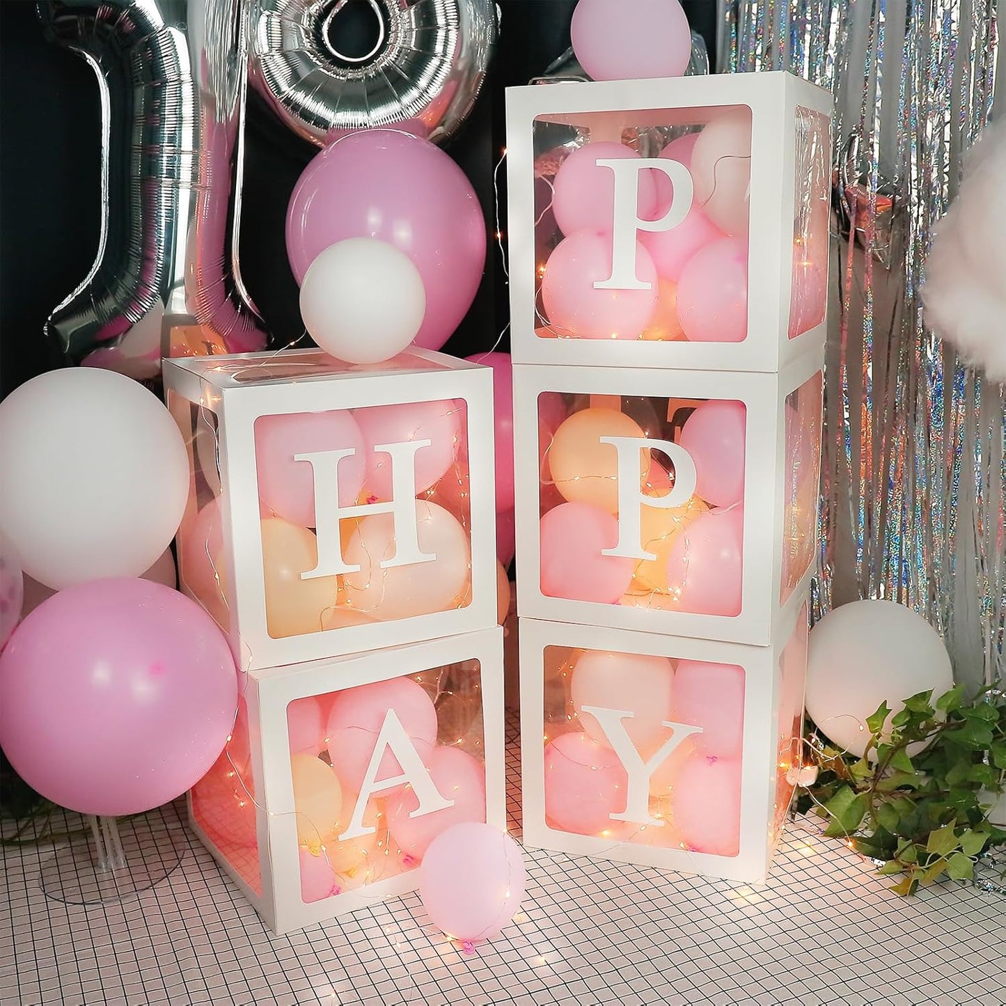 Ledido Transparent Balloon Boxes, Clear Balloon Boxes with 5 Pcs String Lights and 78 Letters for Baby Shower Gender Reveal 2026 New Year Grad Party Birthday Anniversary Bridal Decor - 5 White Boxes
