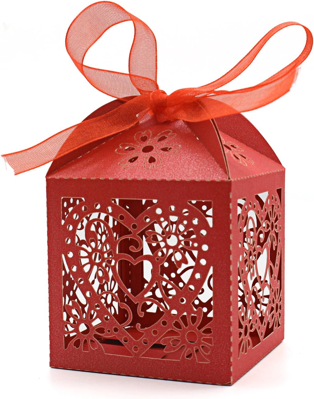 KPOSIYA 100 Pack Love Heart Laser Cut Wedding Party Favor Box Candy Bag Chocolate Gift Boxes Bridal Birthday Shower Bomboniere with Ribbons