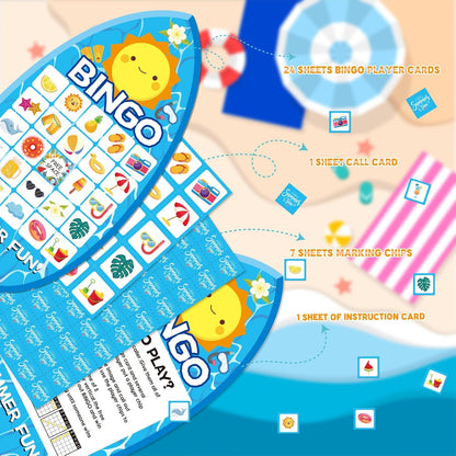 YQUQWN 24Pcs Summer Bingo Game, Pool Party Bingo Game for Adults 24 Players Surfboard Design Bingo Cards for Hawaiian Beach Favors School Party Games Kids School Classroom Party Supplies Activity