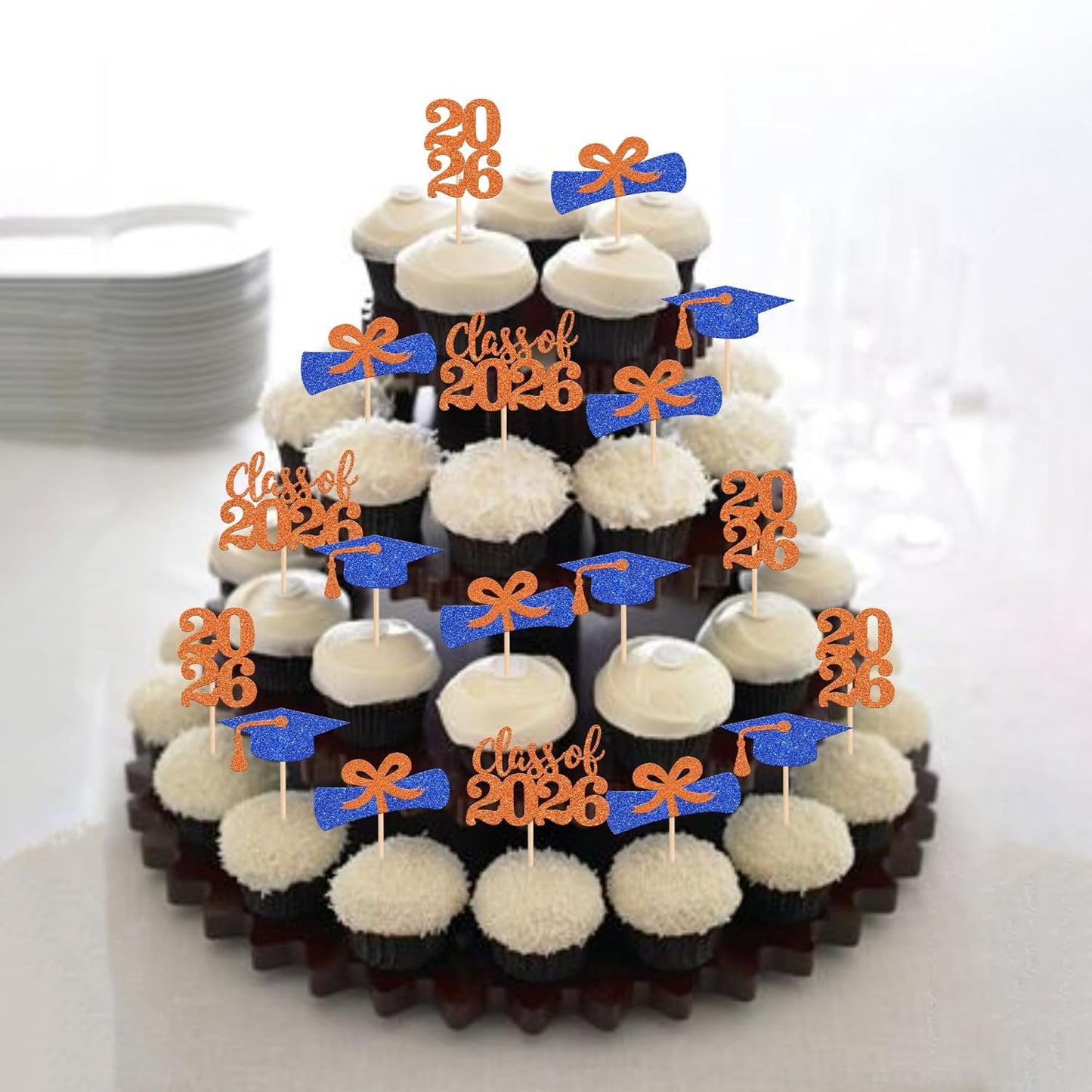 36 PCS 2026 Graduation Theme Cupcake Toppers Glitter Class of 2026 Grad Cap Diploma Cupcake Picks 2026 Graduation Theme Party Cake Decorations Supplies Deep Blue