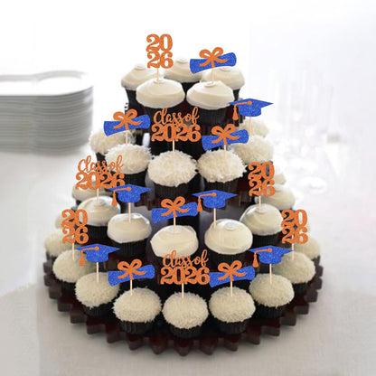36 PCS 2026 Graduation Theme Cupcake Toppers Glitter Class of 2026 Grad Cap Diploma Cupcake Picks 2026 Graduation Theme Party Cake Decorations Supplies Deep Blue