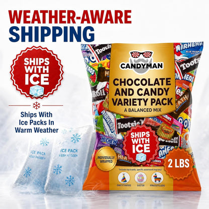 CANDYMAN Bulk Candy Variety Pack - 80+ Pieces, 2 LB Individually Wrapped Chocolate & Candy Mix, Father's Day, Fillers, Piñata Stuffers, Party Favors, Goodie Bags, Father's Day, Ship with Ice