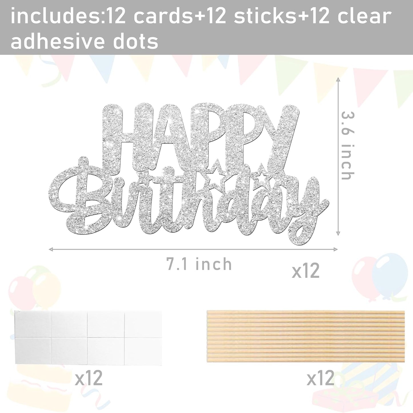 Glitter Silver Birthday Centerpiece Sticks 12PCS Happy Birthday Party Table Decorations Double Sided Birthday Party Centerpieces for Cheers to Birthday Anniversary Baby Shower Supplies