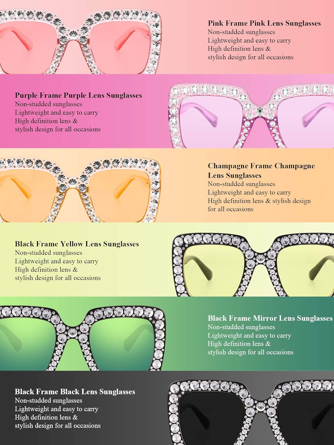 Frienda 6pcs Oversize Rhinestone Square Bling Sunglasses Sparkling 70s Glitter Crystal Disco Sunglasses Retro Frame Glasses for Women