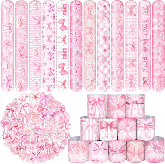 74 PCS Coquette Party Favors - 50 Pink Bow Stickers, 24 Slap Bracelets - Birthday Decorations Supplies for Kids, Girls, Women