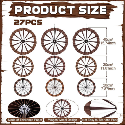 Outus 9 Pcs Western Cowboy Party Decorations Paper Fans Wagon Wheels Straw Hay Bales Hanging Ceiling Wall Decor for Country Western Themed Rodeo Farm Birthday Party Supplies (Wagon Wheels)