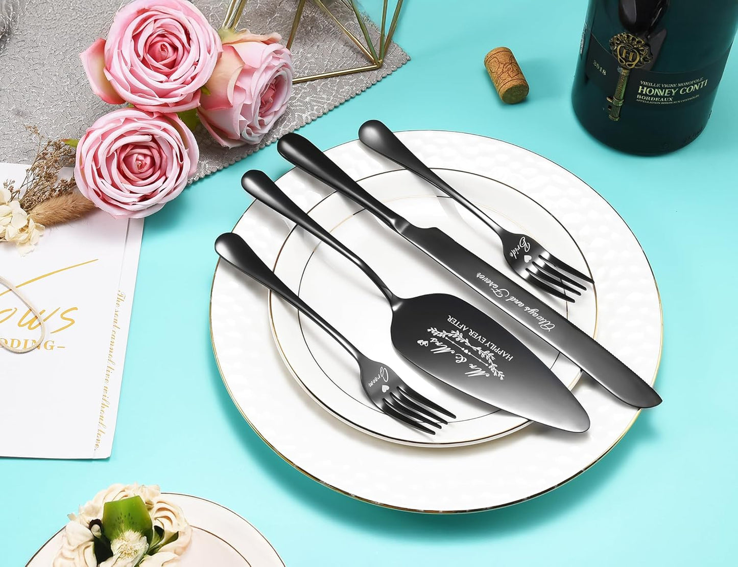 Wedding Cake Knife and Server Set, Gold Cake Cutting Set for Wedding, 4 Pieces Set with Forks for Engagements, Anniversaries, Bride and Groom