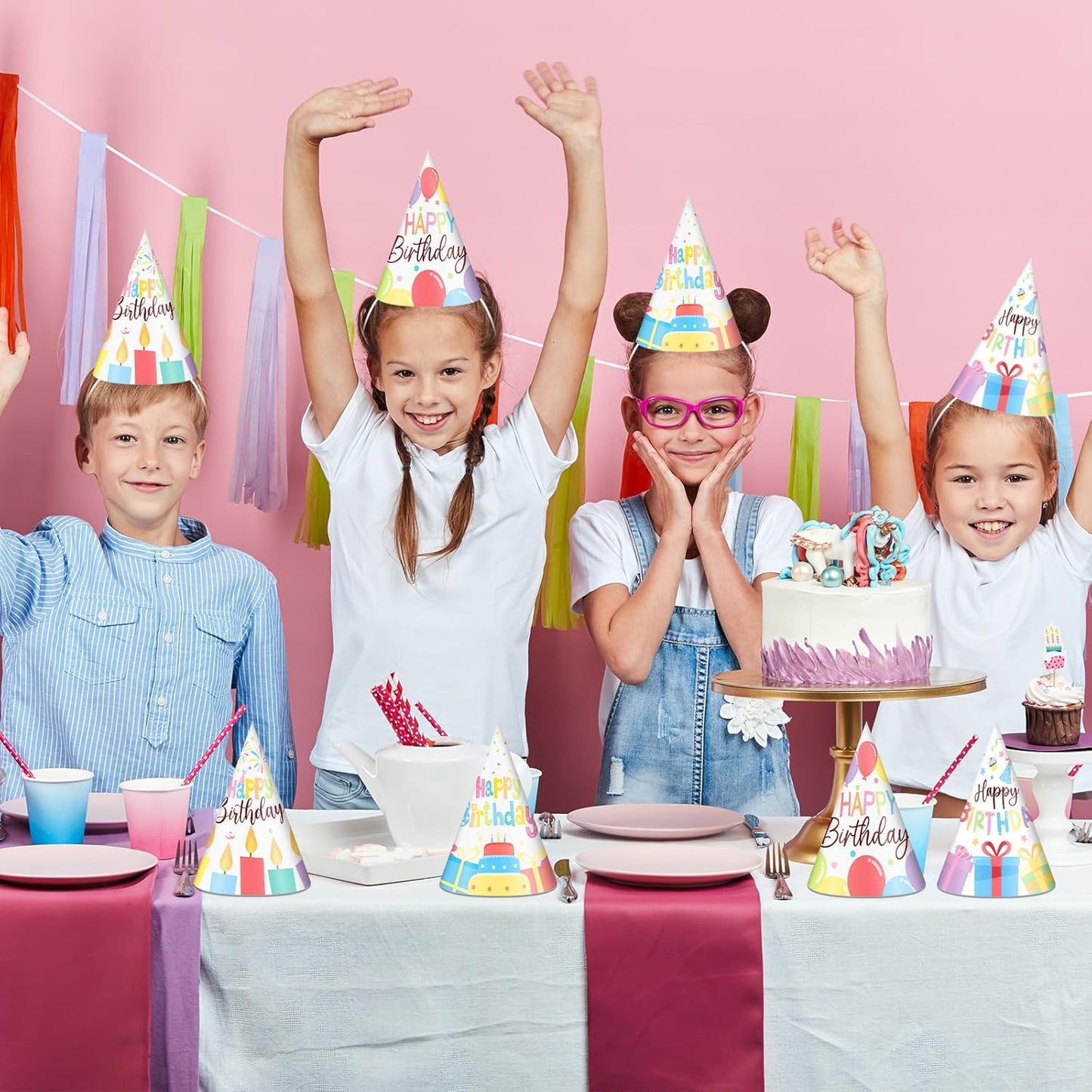Lonfliness 32Pcs Colorful Party Hats for Kids Happy Birthday Cone Paper Hats Classroom Celebration Supplies Favors