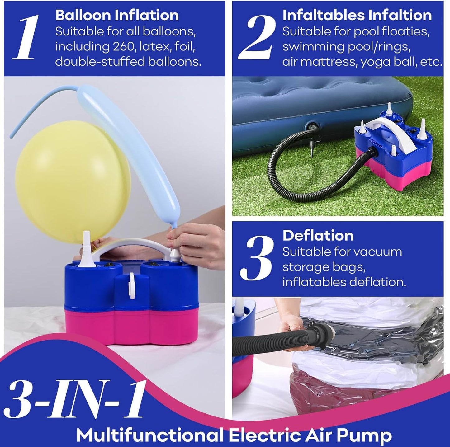 Togvu Electric Balloon Pump, 3-in-1 Portable Air Pump for Inflatables and Balloons, Dual Nozzle Balloon Blower Machine for Latex 260q Foil Balloons 110V Inflator Deflator for Pool Floats Air Mattress