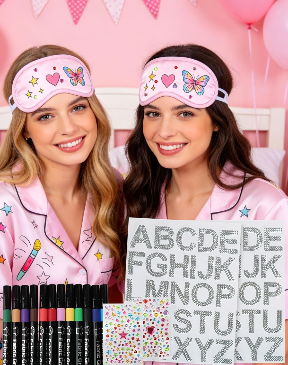TOUROAM Pajama Theme Party Decoration - Sleep Eye Masks with Marker Pens and Sheets Self-Adhesive Heart Rhinestones Gems