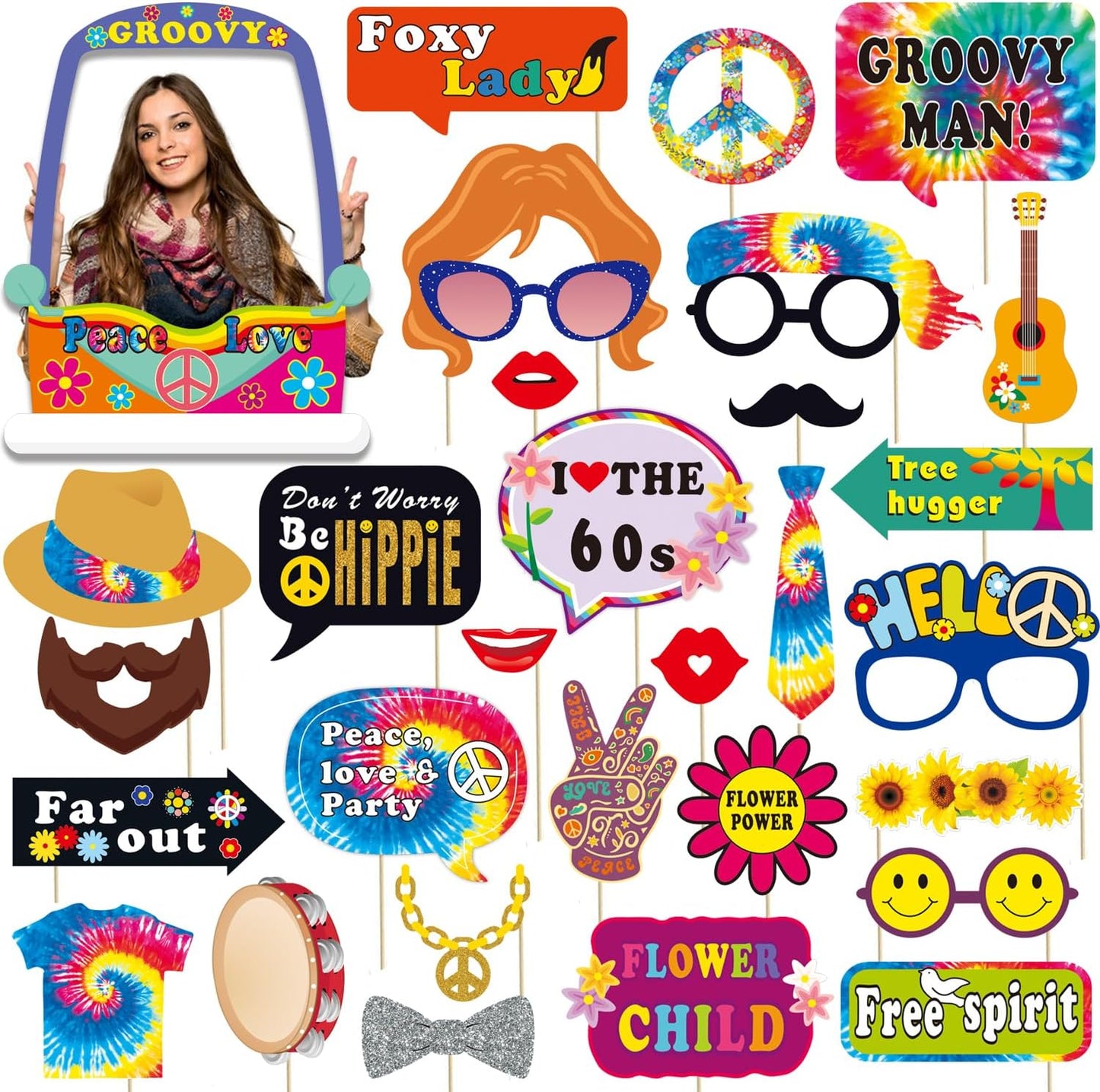 31pcs 60s Party Decorations, 30pcs 60's Photo Booth Prop with 1pcs 60 Hippie Bus Shaped Selfie Frame, Groovy Peace Love Themed Favor for 60's Hippie Birthday Party Favor Supplies