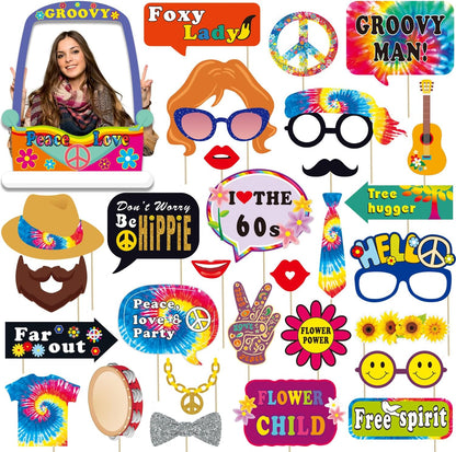 31pcs 60s Party Decorations, 30pcs 60's Photo Booth Prop with 1pcs 60 Hippie Bus Shaped Selfie Frame, Groovy Peace Love Themed Favor for 60's Hippie Birthday Party Favor Supplies