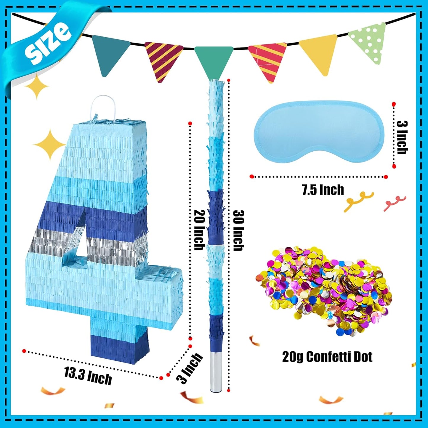 PCFING 20 Inch Number 3 Piñata Blue Silver with 30 Inch Piñata Stick Blindfold Confetti for Boys Girls Adults Birthday Party Decorations, Anniversary Celebration, Fiesta