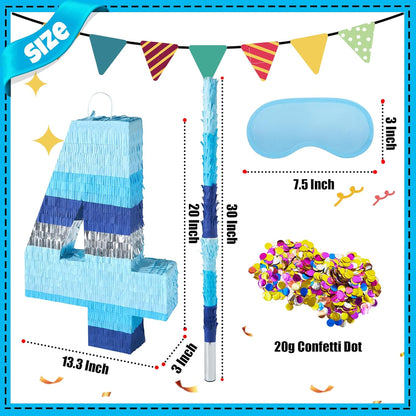 PCFING 20 Inch Number 3 Piñata Blue Silver with 30 Inch Piñata Stick Blindfold Confetti for Boys Girls Adults Birthday Party Decorations, Anniversary Celebration, Fiesta