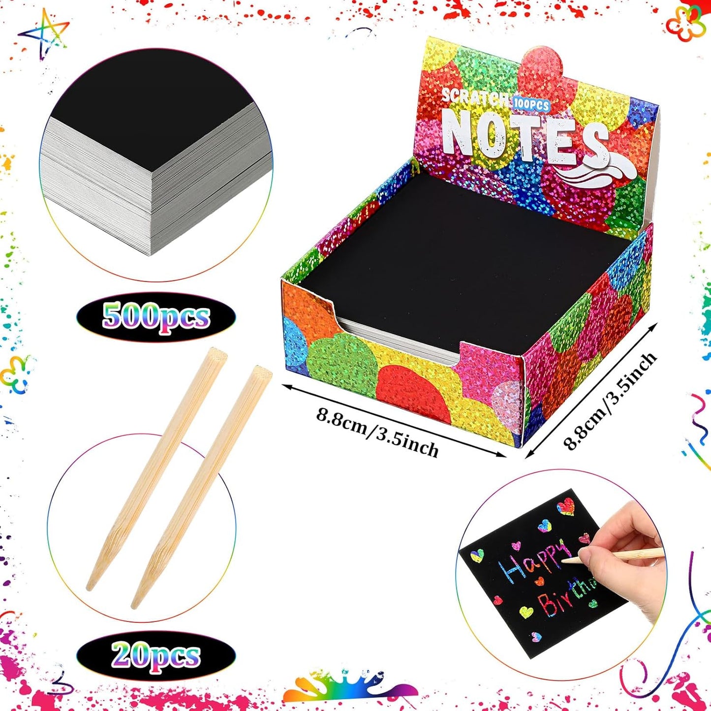 Lenwen Scratch Cards Rainbow Note Scratch Pads with 20 Bamboo Stylus for Adult Paper DIY Paper Craft Kits Birthday Party Favors Supplies(Rainbow Mix,500)