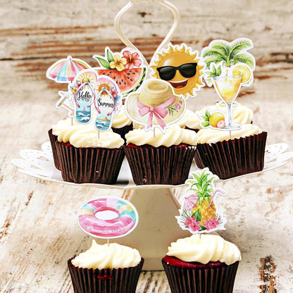 28 PCS Tropical Cupcake Toppers Glitter Leaf Pineapple Flower Palm Tree Flamingo Cupcake Picks Aloha Cake Decorations for Summer Hawaiian Luau Theme Baby Shower Birthday Wedding Party Supplies