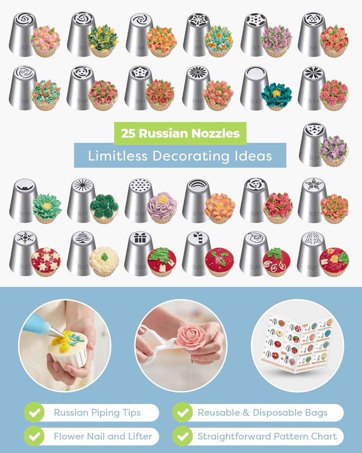 Kootek 48Pcs Russian Piping Tips Set, Piping Bags and Tips Set with 12 Russian Tips, 2 Icing Tips, 30+1 Pastry Bags, 3 Couplers for Cake Decorating, Cupcake, Cookie, Baking