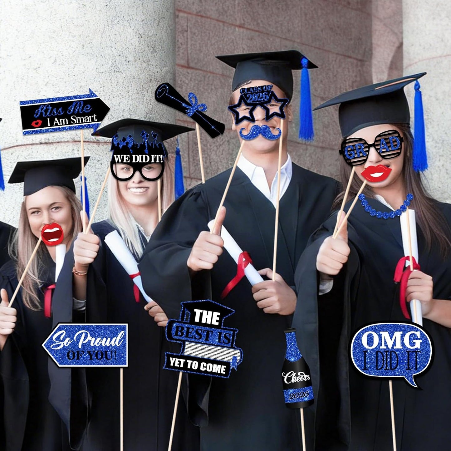 46Pcs Blue Gold Graduation Photo Booth Props 2026 Graduation Decorations with Sticks Class of 2026 Grad Party Favors Supplies for High School & College