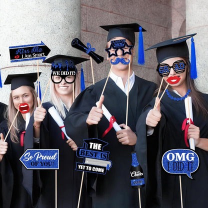 46Pcs Blue Gold Graduation Photo Booth Props 2026 Graduation Decorations with Sticks Class of 2026 Grad Party Favors Supplies for High School & College