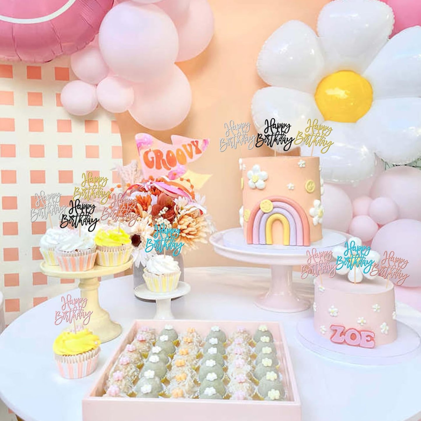 24 PCS Happy Birthday Cupcake Toppers Glitter Picks for Celebrating Anniversary Theme Party Cake Decorations Supplies Gold