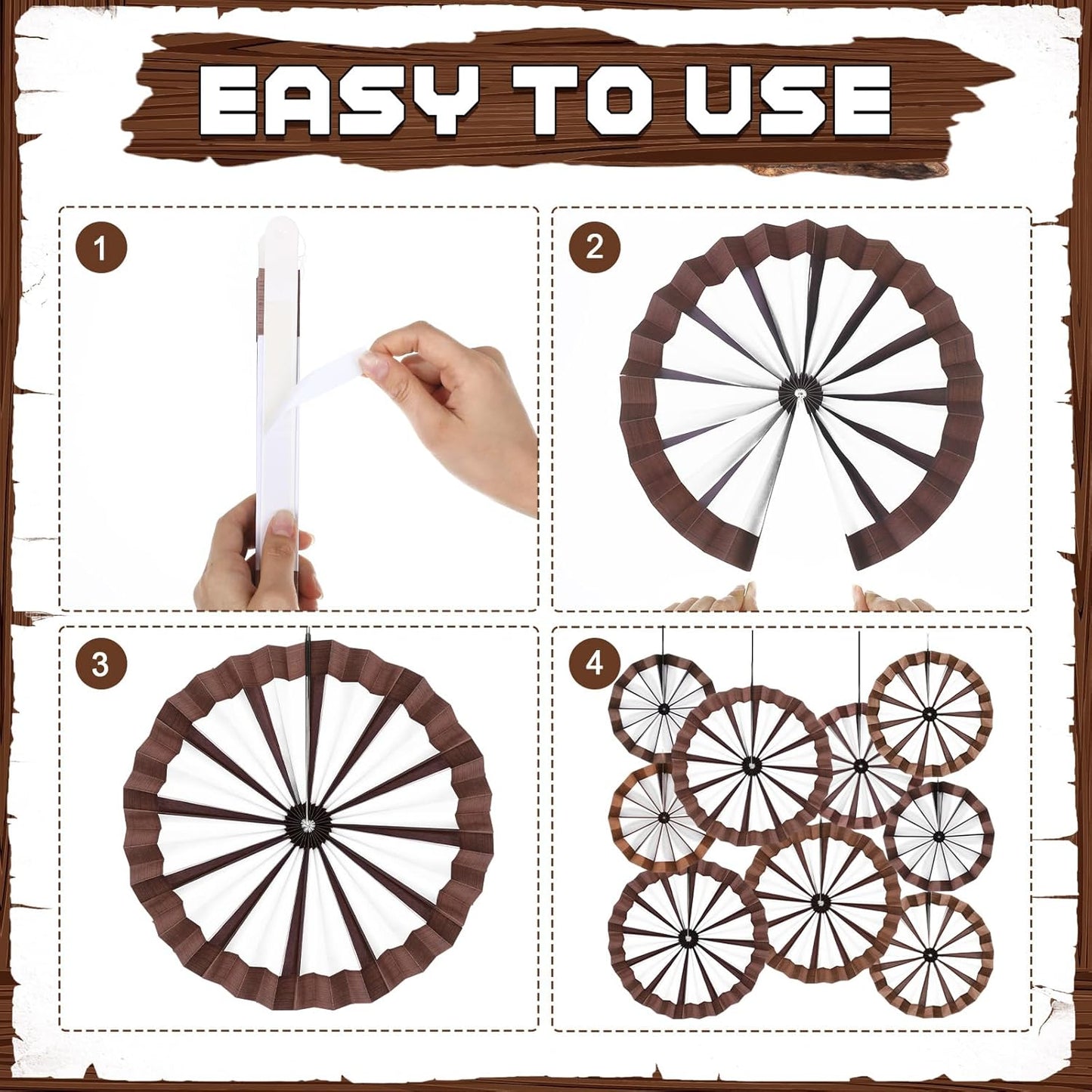 Outus 9 Pcs Western Cowboy Party Decorations Paper Fans Wagon Wheels Straw Hay Bales Hanging Ceiling Wall Decor for Country Western Themed Rodeo Farm Birthday Party Supplies (Wagon Wheels)