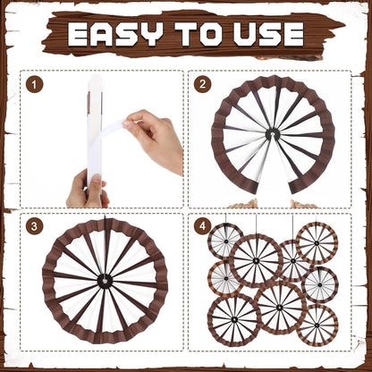 Outus 9 Pcs Western Cowboy Party Decorations Paper Fans Wagon Wheels Straw Hay Bales Hanging Ceiling Wall Decor for Country Western Themed Rodeo Farm Birthday Party Supplies (Wagon Wheels)